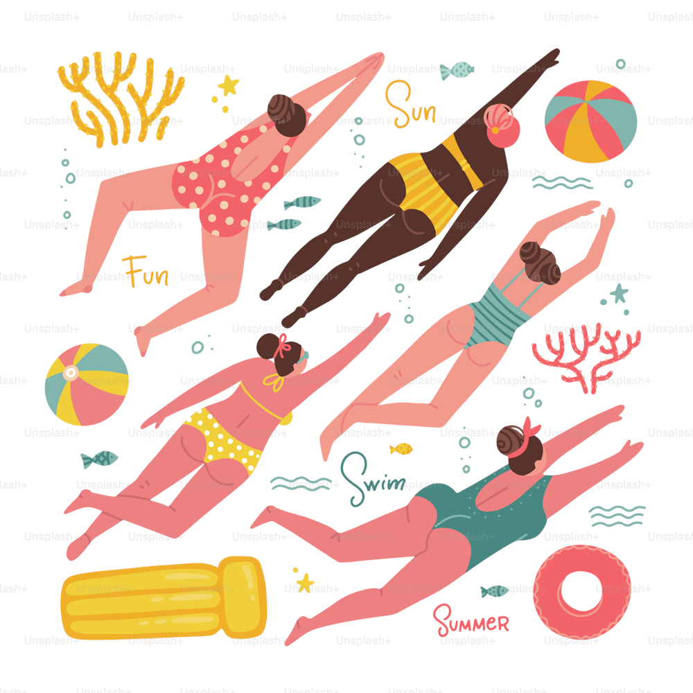 여름 방학 요소가있는 다른 국적의 수영복을 입은 수영 여성의 인물 세트 - 풍선 매트리스, 공, 산호, 물고기. 손으로 그린 플랫 스타일의 귀여운 벡터 그림