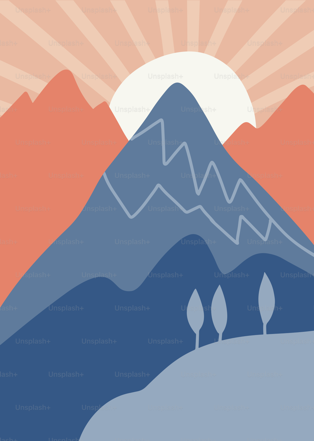 Cartel abstracto - Paisaje con montañas y sol. Fondo simple de puesta de sol. Ilustración vectorial plana dibujada a mano