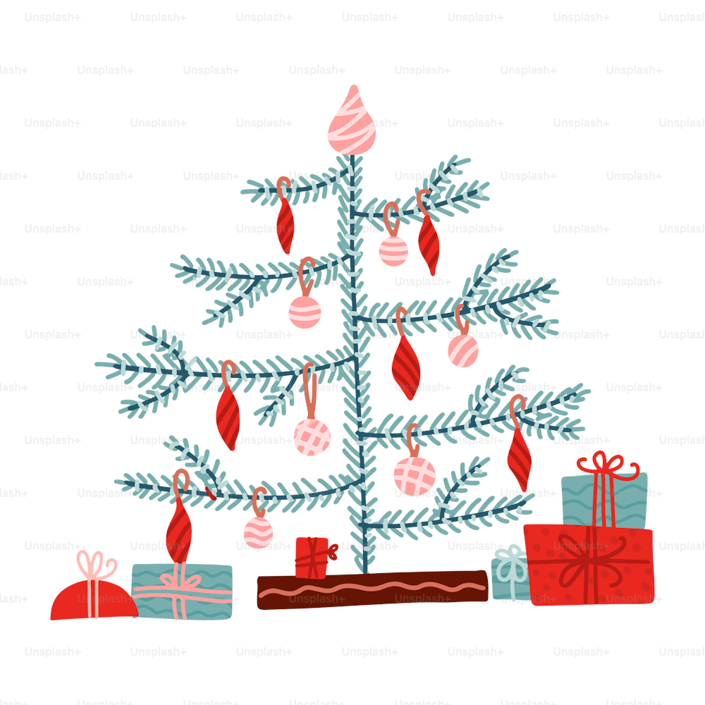 Hand drawn vector illustration of a cute decorated Christmas tree with gift boxes. Isolated objects on white background. Flat style design. Concept for card, invite. Hygge cozy hand drawn style