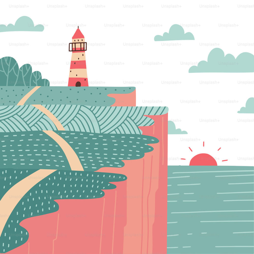 Malerische Landschaft einer Meeresküste mit einer felsigen Küste und einem Leuchtturm darauf. Sommerliche steile Klippe mit Sonnenuntergang. Gut für Poster, Grußkarten und Cover. Flache handgezeichnete Vektorillustration.