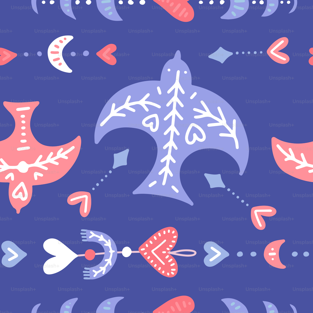 Boho style Flying swallow seamless pattern with heart and moon phases. Vector flat hand drawn illustration.