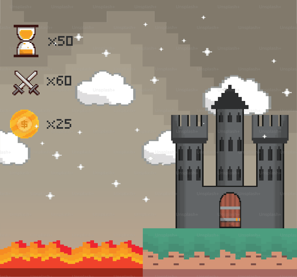 Scena pixelata con castello, videogioco