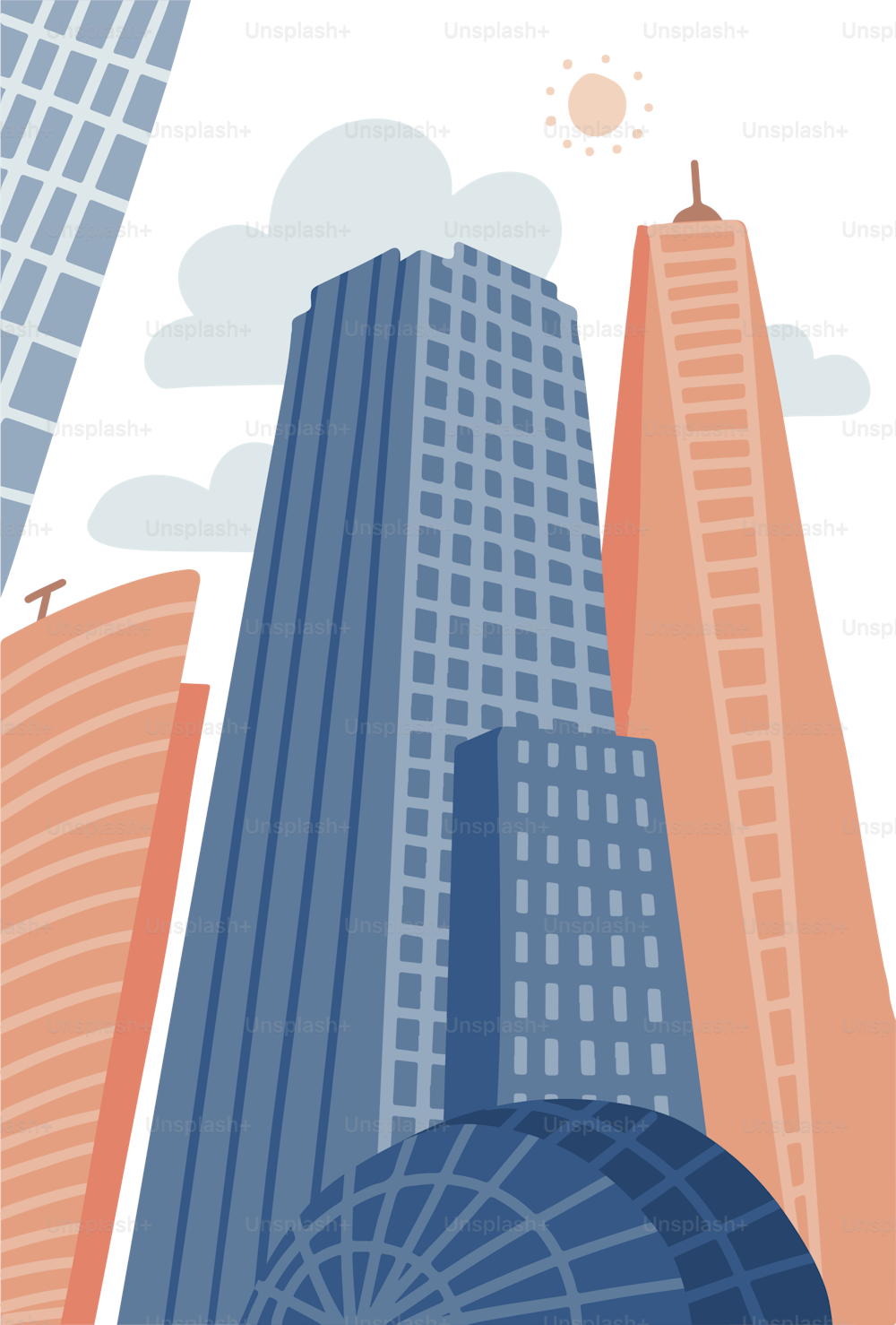 Cartoon moderne Stadt im flachen handgezeichneten Stil. Urbanes Stadtbild mit Wolkenkratzern, städtischem Eigentum. Vektorillustration vertikales Panorama, modernes Stadtbild