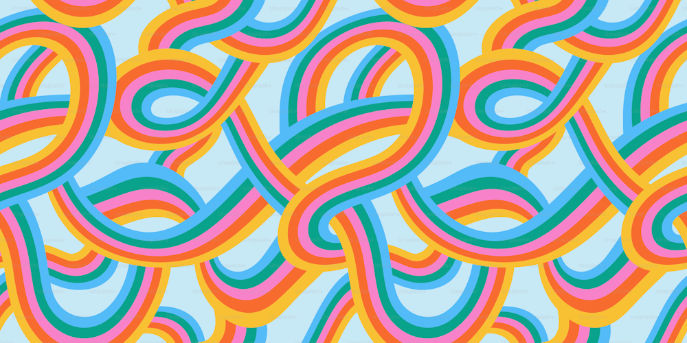 Retro 60s style rainbow seamless pattern with pastel color stripes. Vintage psychedelic wave cartoon background. Trendy hippie 70s stripe print illustration.