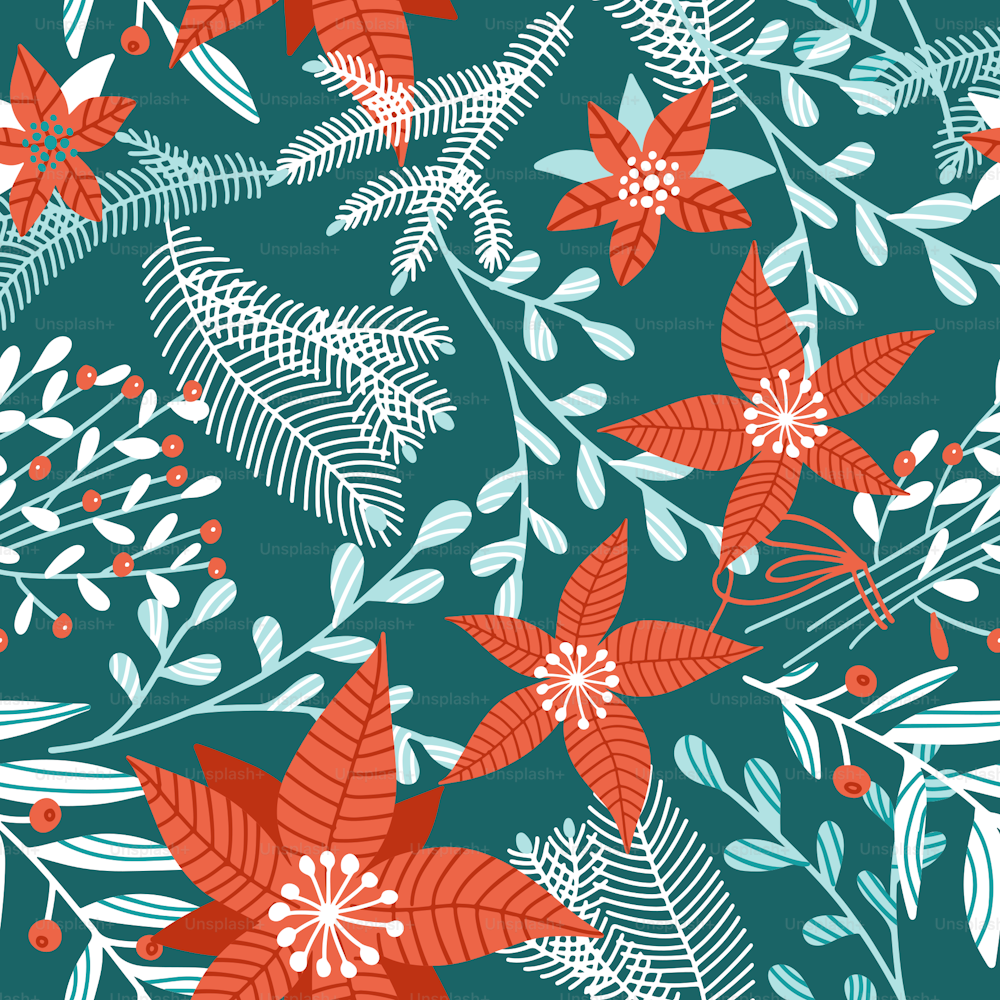 Seamless pattern with winter plants, flowers and berries. Merry Christmas holiday decoration. Forest branches background in vintage style. Red poinsettia on dark green background