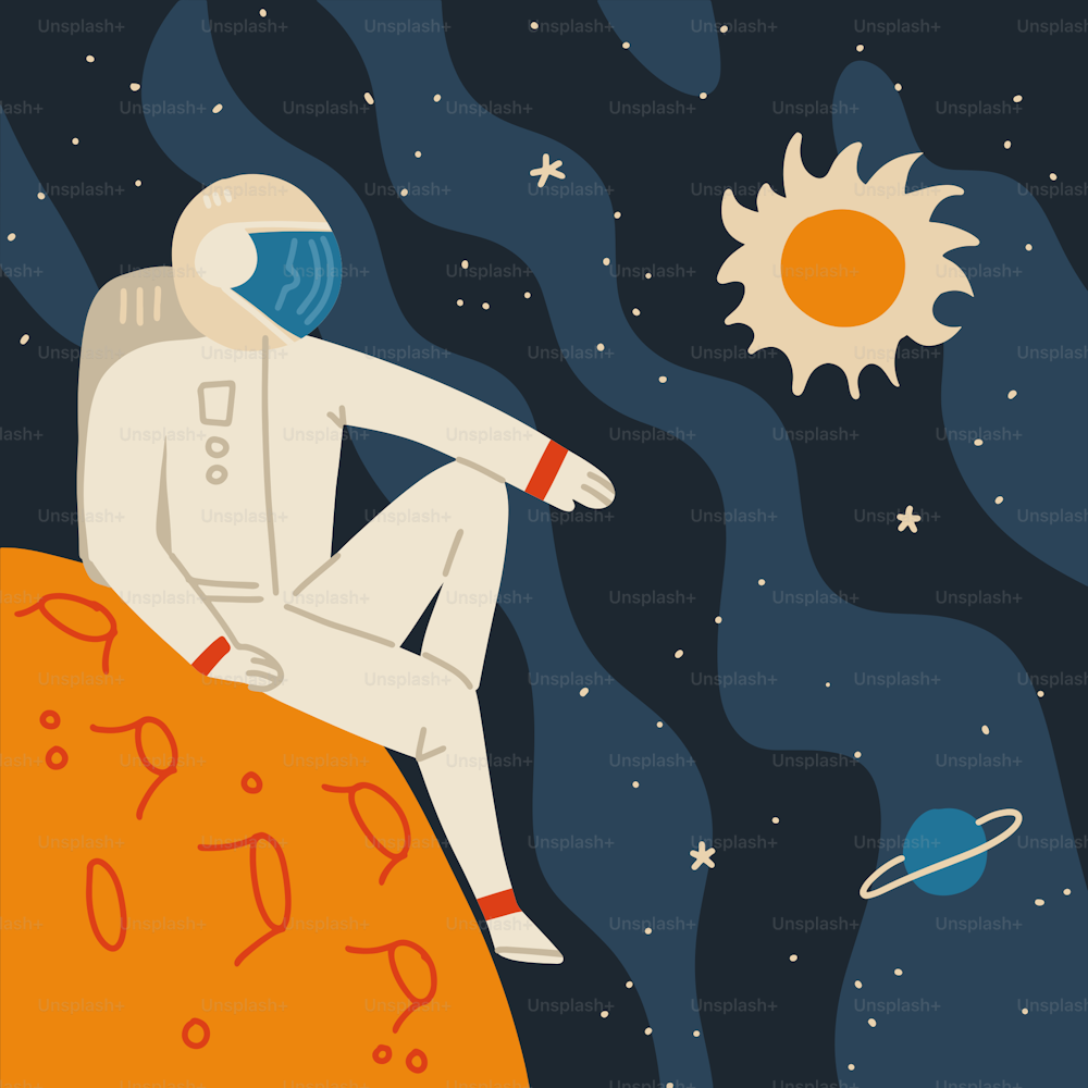 Astronaut in space suit having a rest on alien planet landscape. Cosmos travel in comfort. Space tourism concept. Flat vector illustration
