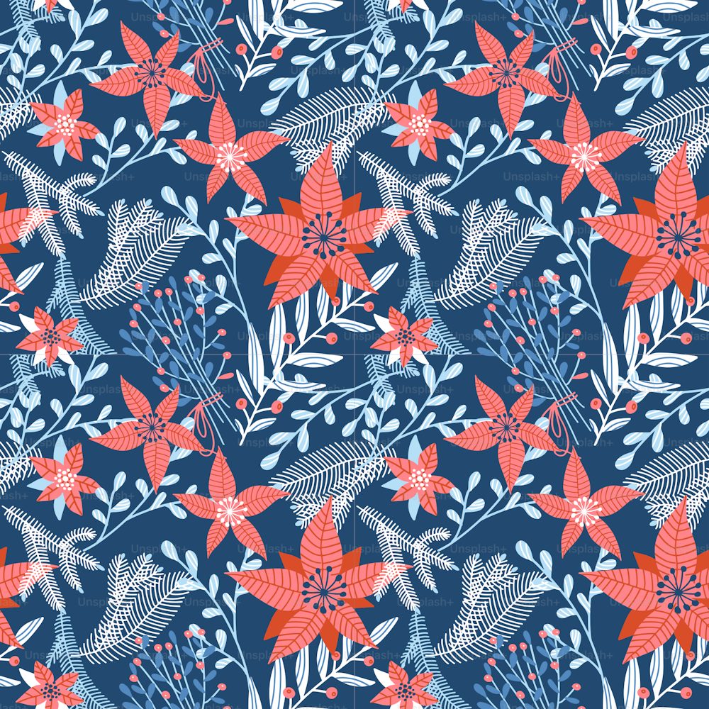 Floral vector seamless pattern with winter foliage in blue and red for Christmas backgrounds, wrapping paper. Poinsettia flower with different forst branches and berries. Flat hand drawn illustration
