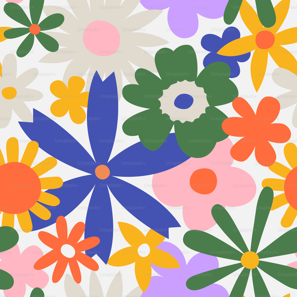 Trendy floral seamless pattern illustration. Vintage 70s style hippie flower background design. Colorful pastel color artwork, y2k nature backdrop with spring flowers.