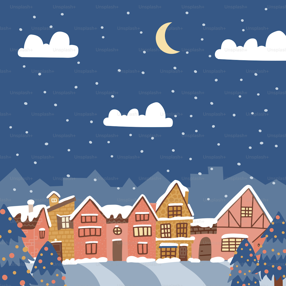 메리 크리스마스와 새해 복 많이 받으세요 시골 배경. 도시의 겨울 풍경입니다. 엡베닝에 있는 오래되고 아늑한 눈 덮인 마을. 플랫 디자인 벡터 그림