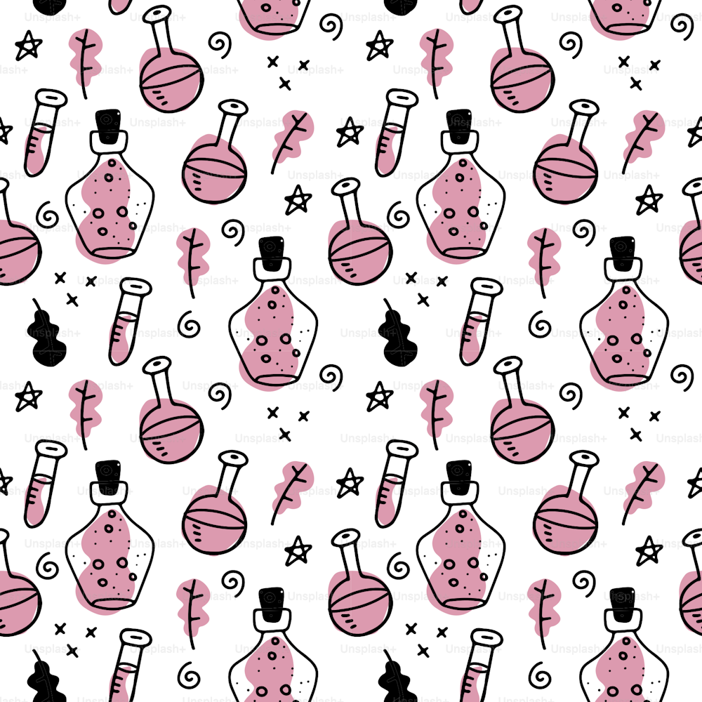 Seamless pattern of different bottles and cans magic potions and liquids to the magic of cooking or kitchen design. Hallween witch night concept. Simlpe doodle linear illustration