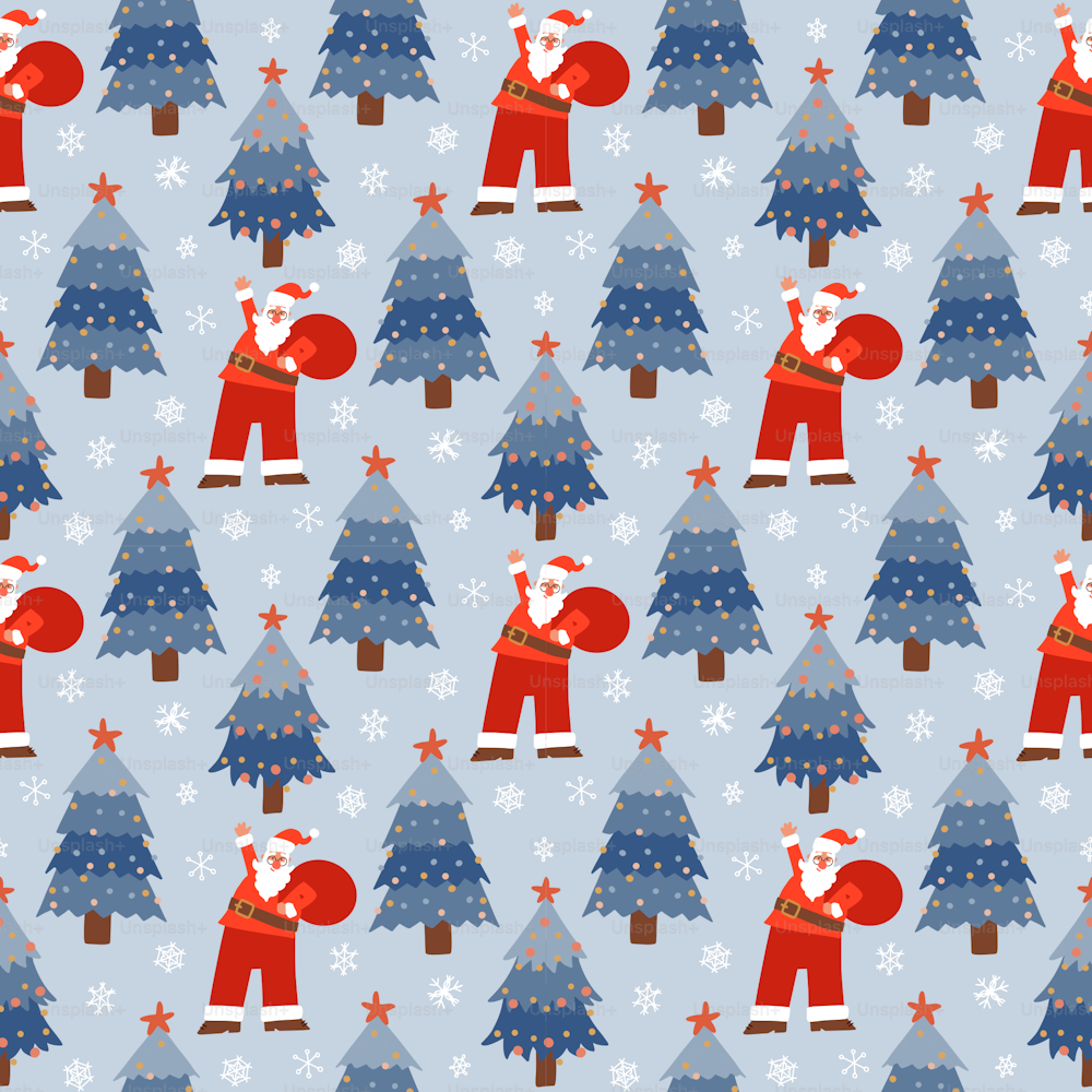 Motif sans couture de Noël avec le Père Noël de dessin animé marchant avec un sac de cadeaux sur fond bleu neige avec des sapins. Illustration vectorielle dessinée à la main à plat