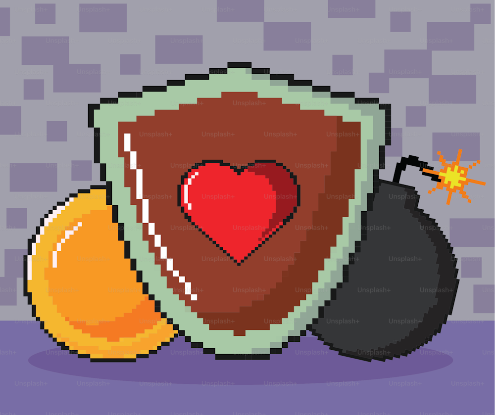 pixelated video game shield and coin
