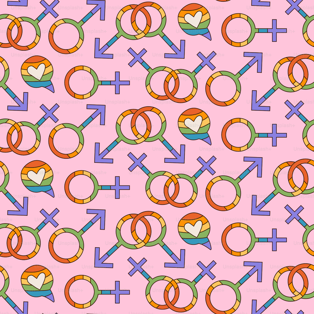 LGBTQIAコミュニティの男性と女性のシンボルを持つLGBTのシームレスなパターン。プライド月間の背景にレインボーエレメント。レトロな70年代スタイルの輪郭ベクターイラスト