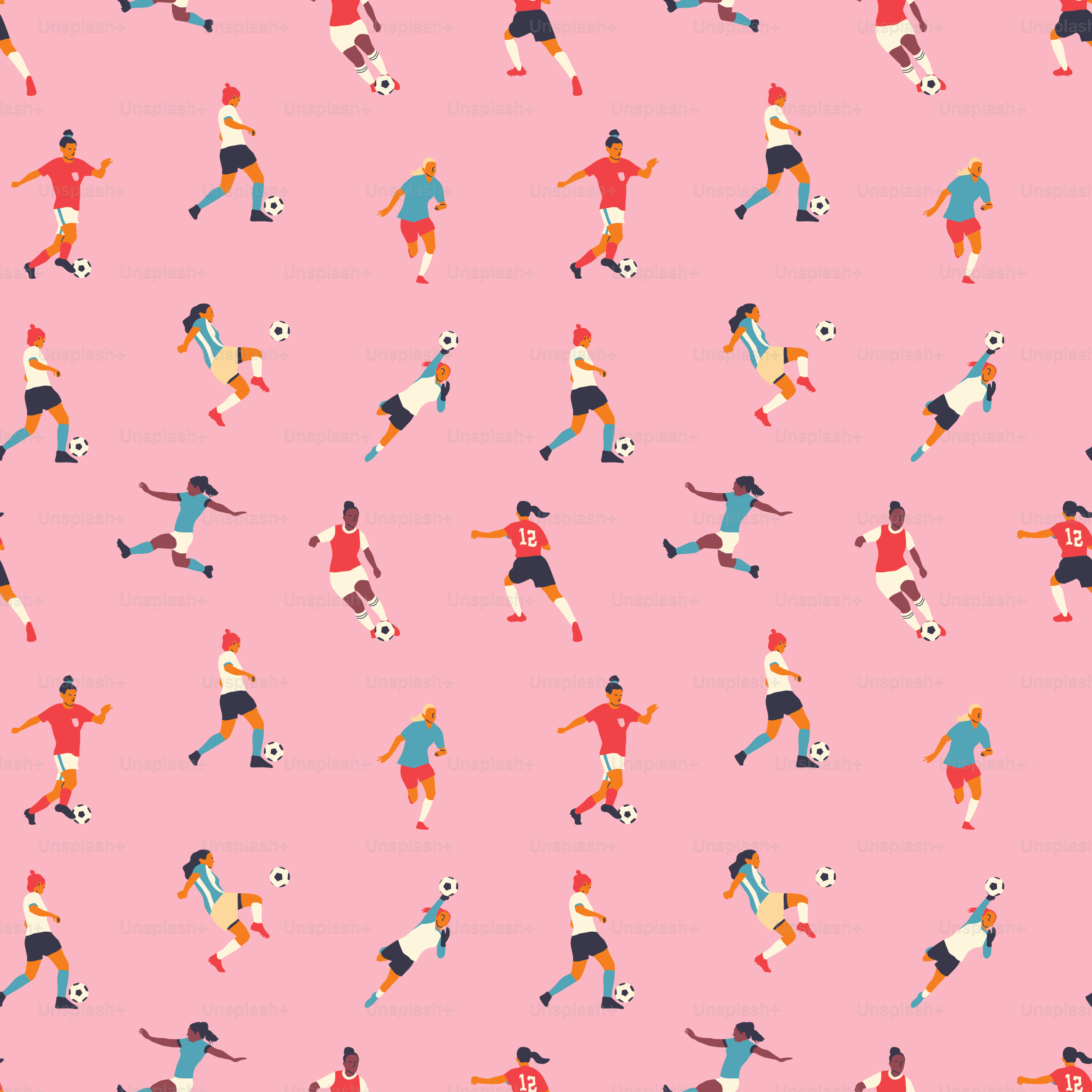 Diverse all women soccer player team drawing seamless pattern. Colorful retro style female athlete playing football game. Woman competition print, sport background illustration.