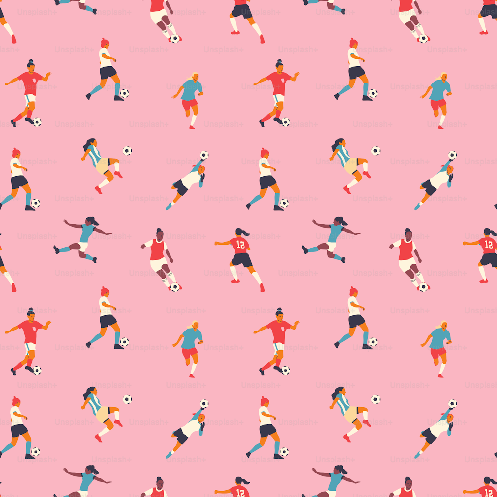 Diverse all women soccer player team drawing seamless pattern. Colorful retro style female athlete playing football game. Woman competition print, sport background illustration.