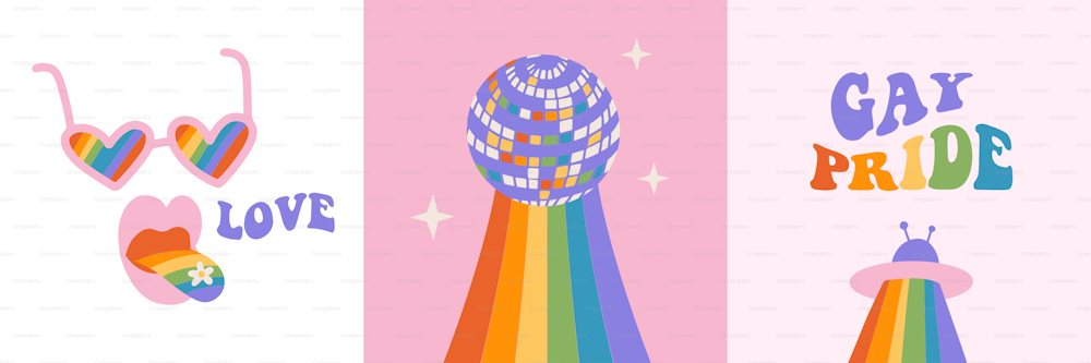 Set aus trendigen, minimalistischen, queer-ästhetischen quadratischen Karten mit Wintage-Regenbogen-Disco-Elementen und Text. LGBTQIA Pride Month Social-Media-Vorlagen mit Y2K 90s flachem Vektordesign. Groovige Vibes.