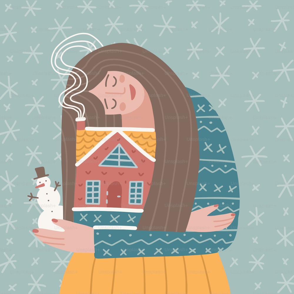 小さな家を手にした若い女性の手描きの画像。かわいい女性キャラクターの女の子が抱きしめて家を暖める。グリーティングカードデザイン用の居心地の良い冬のベクターイラスト。