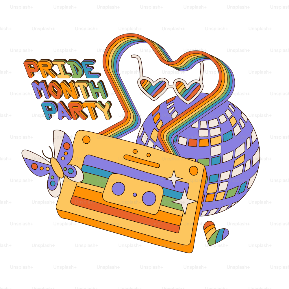 Pride month party poster in groovy retro style. LGBT Pride Month print concetp with symbols - mirror ball, vintage cassette, Heart, Rainbow, butterfly, hippie sunglasses. Bisexual, Gay, Lesbian, Love Vector illustration.