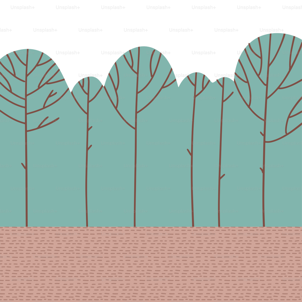 Floresta com árvores foliares abstratas em estilo escandinavo desenhado à mão. Fundo da floresta Doodle. Ilustração plana vetorial