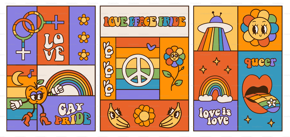 Colección de banners del mes del orgullo LGBT con eslóganes y frases queer geniales. Conjunto de plantillas cuadradas diseñadas con colores Rainbow y personajes de dibujos animados retro para el Mes del Orgullo LGBT. Ilustración vectorial