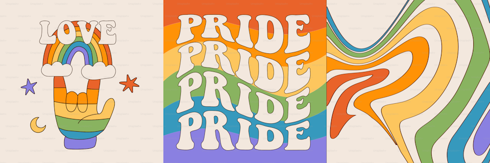 Conjunto de tarjetas de felicitación cuadradas para el Mes del Orgullo LGBTQIA. Colección de publicaciones en redes sociales con elementos y palabras abstractas geniales: orgullo, amor. Un gesto con la mano, texto y arco iris con el significado de la bandera LGBT