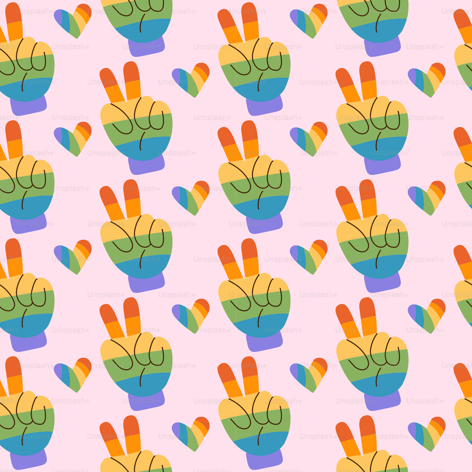 Pride Month seamless pattern with peace had gesture in LGBTQ flag color. Colorful 70s style vector repeat for fabric, textile, wrapping paper, wallpaper and other print and design