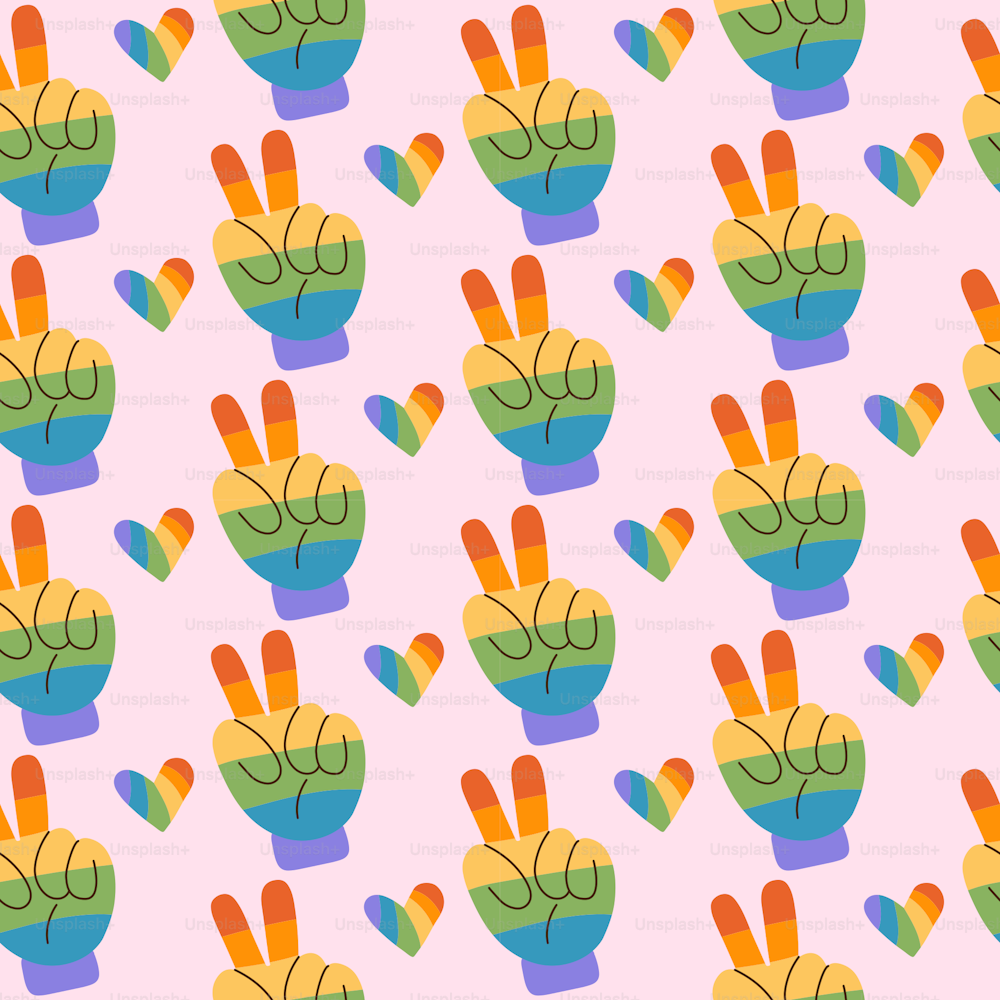 Pride Month seamless pattern with peace had gesture in LGBTQ flag color. Colorful 70s style vector repeat for fabric, textile, wrapping paper, wallpaper and other print and design