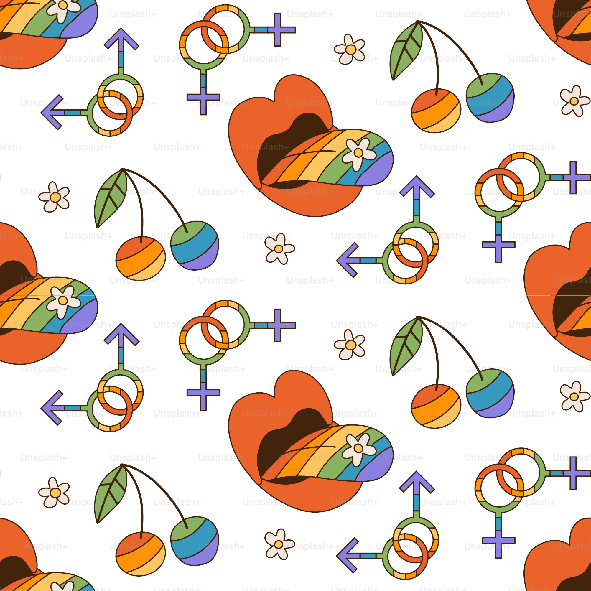 Comic female lips, rainbow colored tongue with rainbow cherry seamless pattern. LGBTQ pride month concept. Abstract colorful cartoon background. Vector art for textile, fabric, t-shirt print, wallpaper.