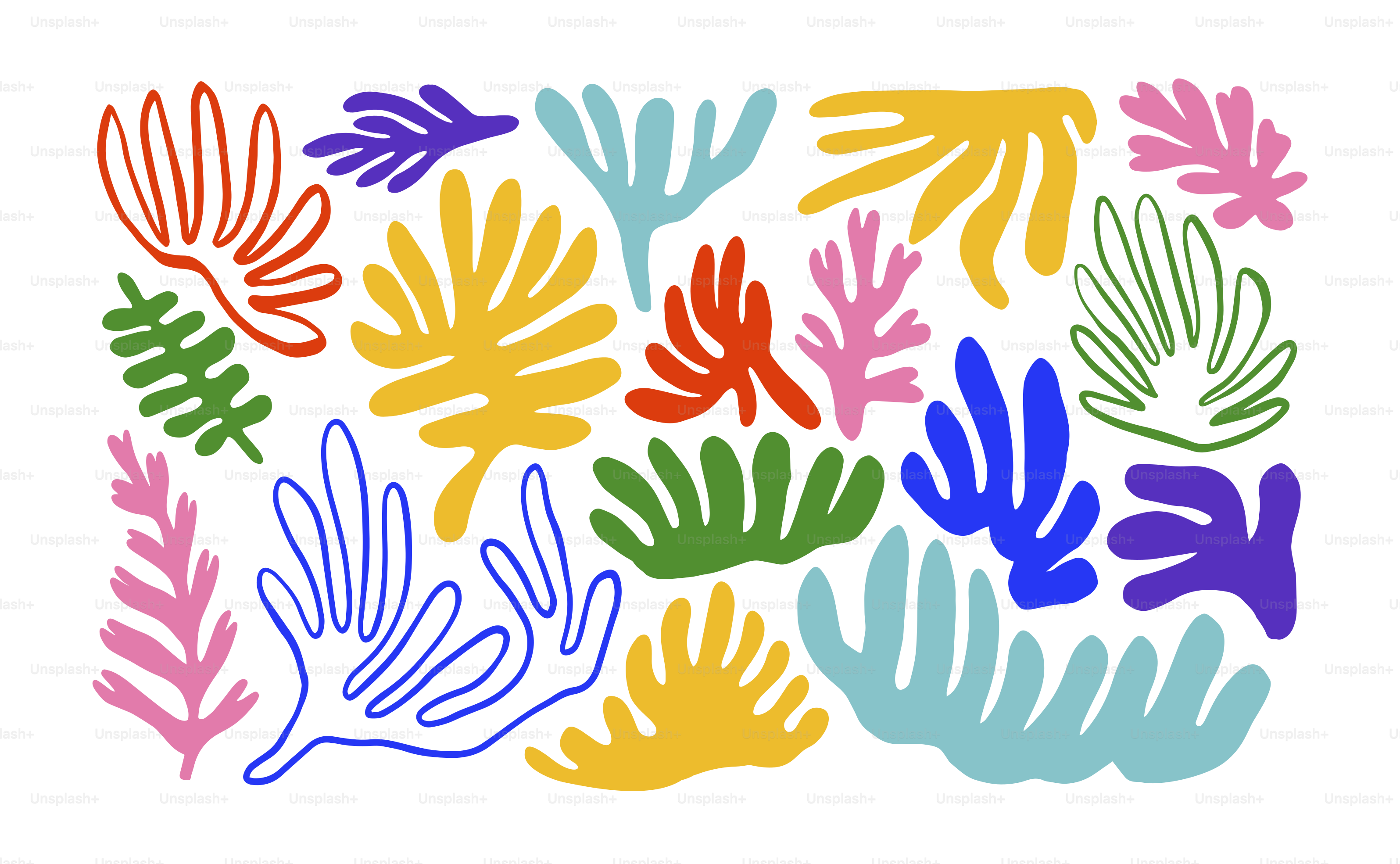 Collection de griffonnages colorés en forme de feuille organique. Formes naturelles des plantes, découpes de griffonnages enfantins aléatoires de feuilles tropicales. Art abstrait décoratif sur fond isolé.