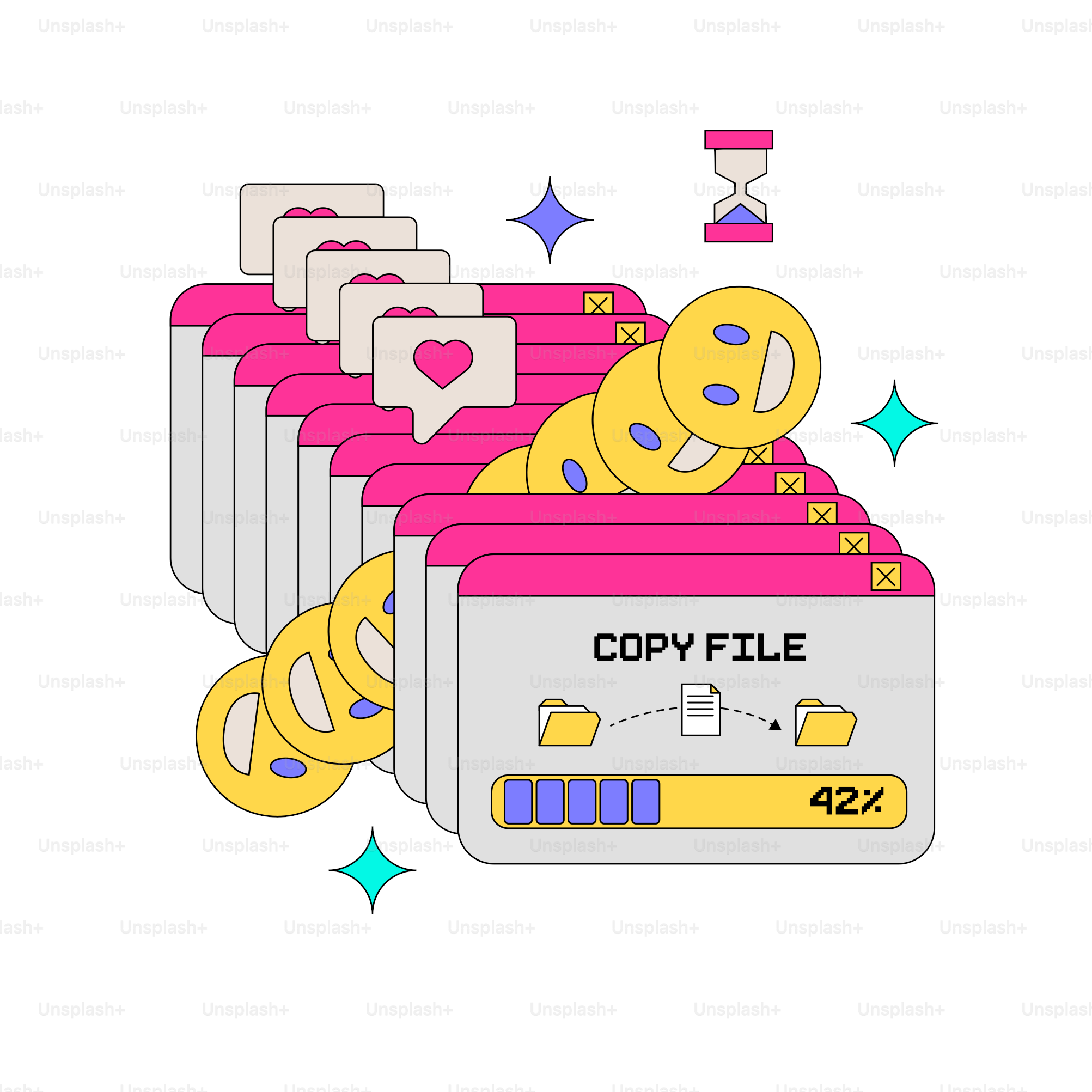 Retro computer chat screen print concept. Cute old desktop messenger interface window with smiling faces and like bubbles. 90s, y2k digital aesthetic. Vintage frame, box, panel for tee design. Vector