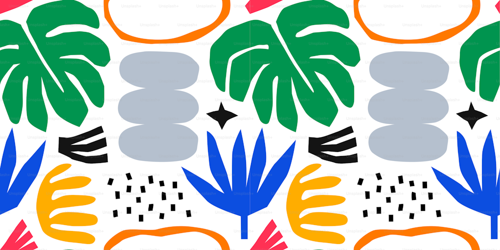 Patrón abstracto de naturaleza tropical sin costuras con coloridos garabatos a mano alzada. Fondo plano de dibujos animados moderno, formas simples de recortes aleatorios en colores brillantes y modernos.