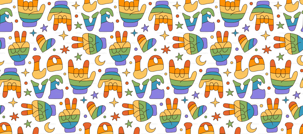Hippie hand peace and rock gestures and with rainbow heart with word love in colors of lgbt flag. Seamless pattern, background or print, 70s retro vector in contour flat style.