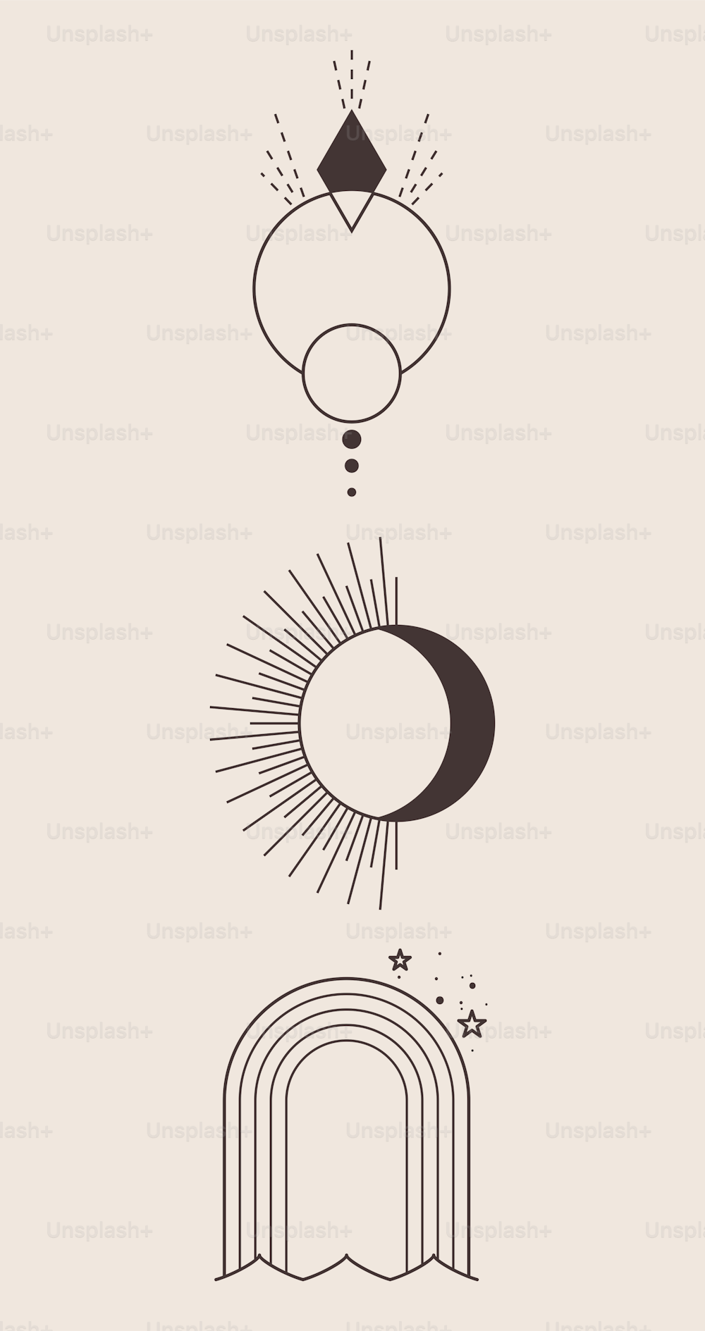 Set of three stylish illustrations. Black logo light background. Hand drawn dot ink templates.