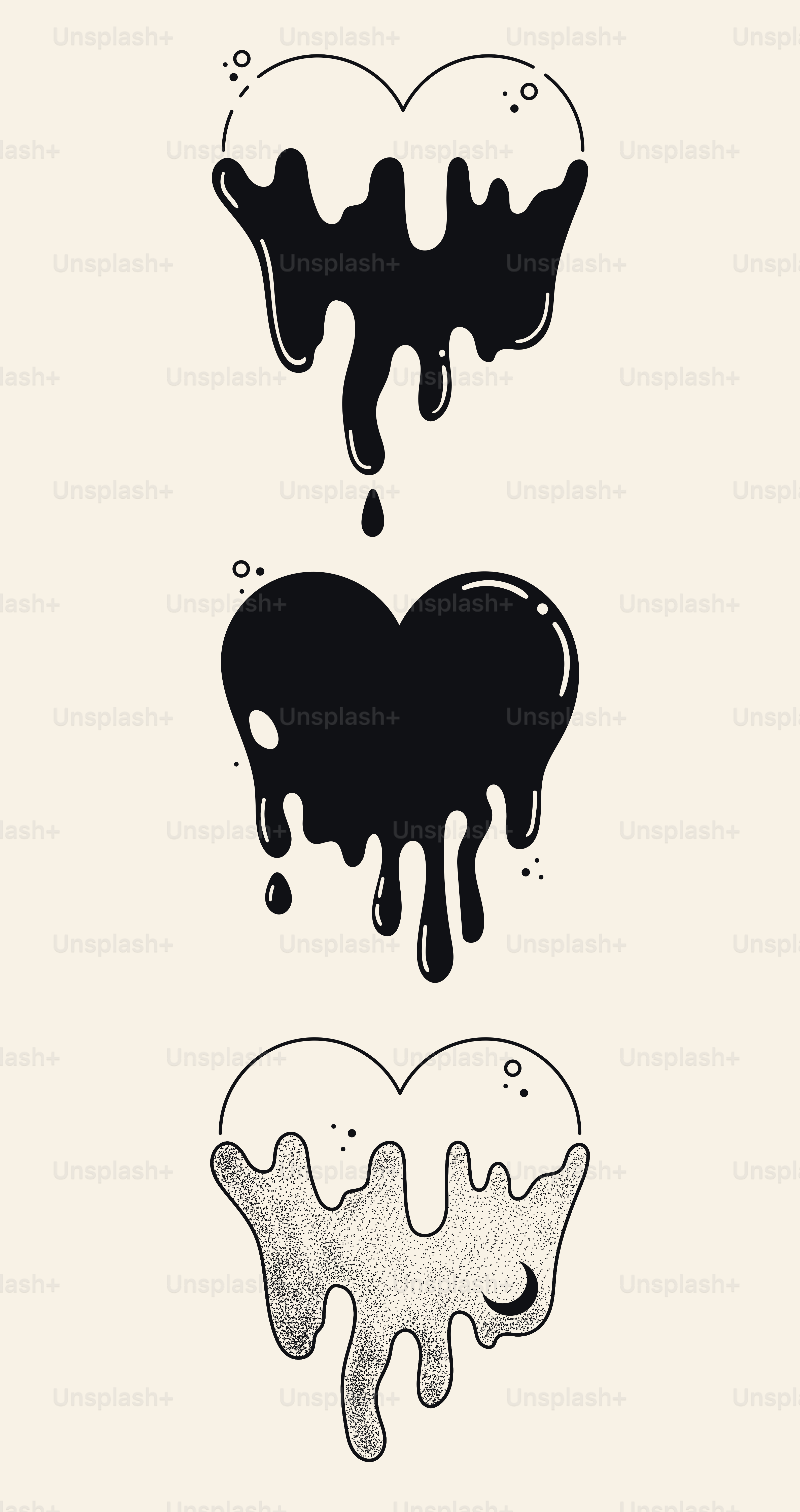 Set aus drei stilvollen Illustrationen. Schwarzer Logo-Hintergrund. Handgezeichnete Dot-Ink-Vorlagen.