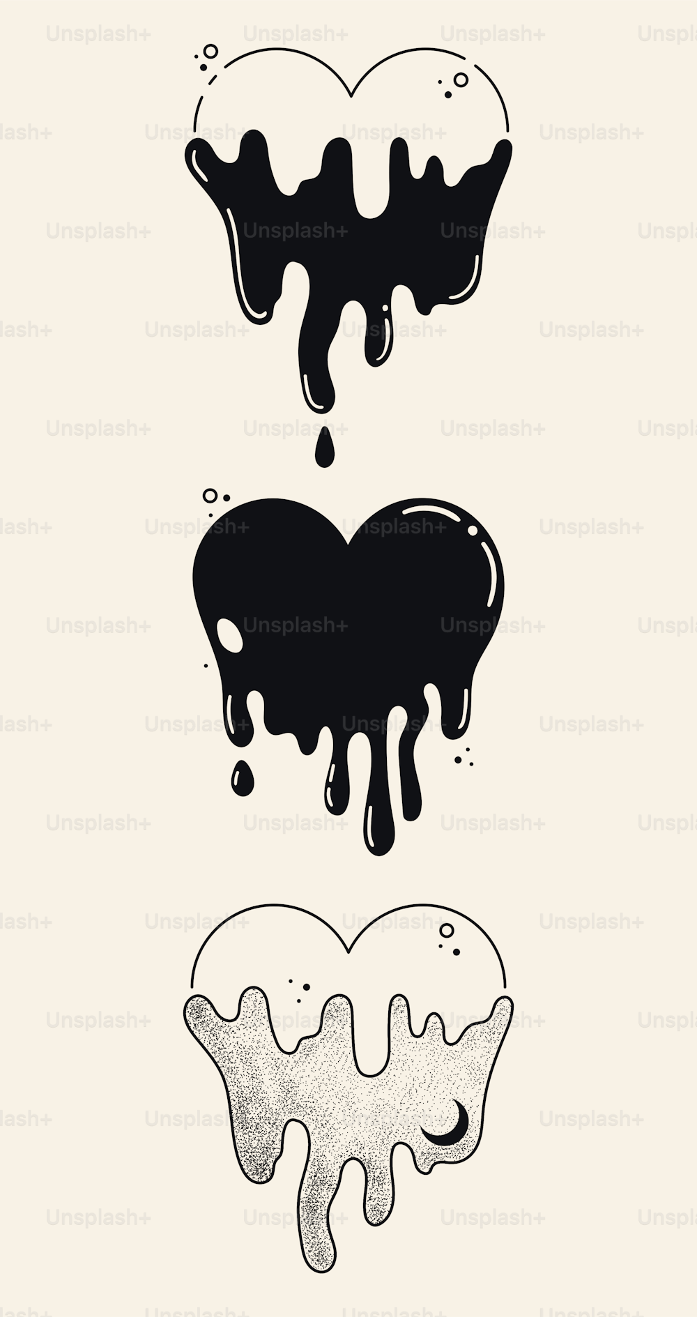 Set of three stylish illustrations. Black logo light background. Hand drawn dot ink templates.