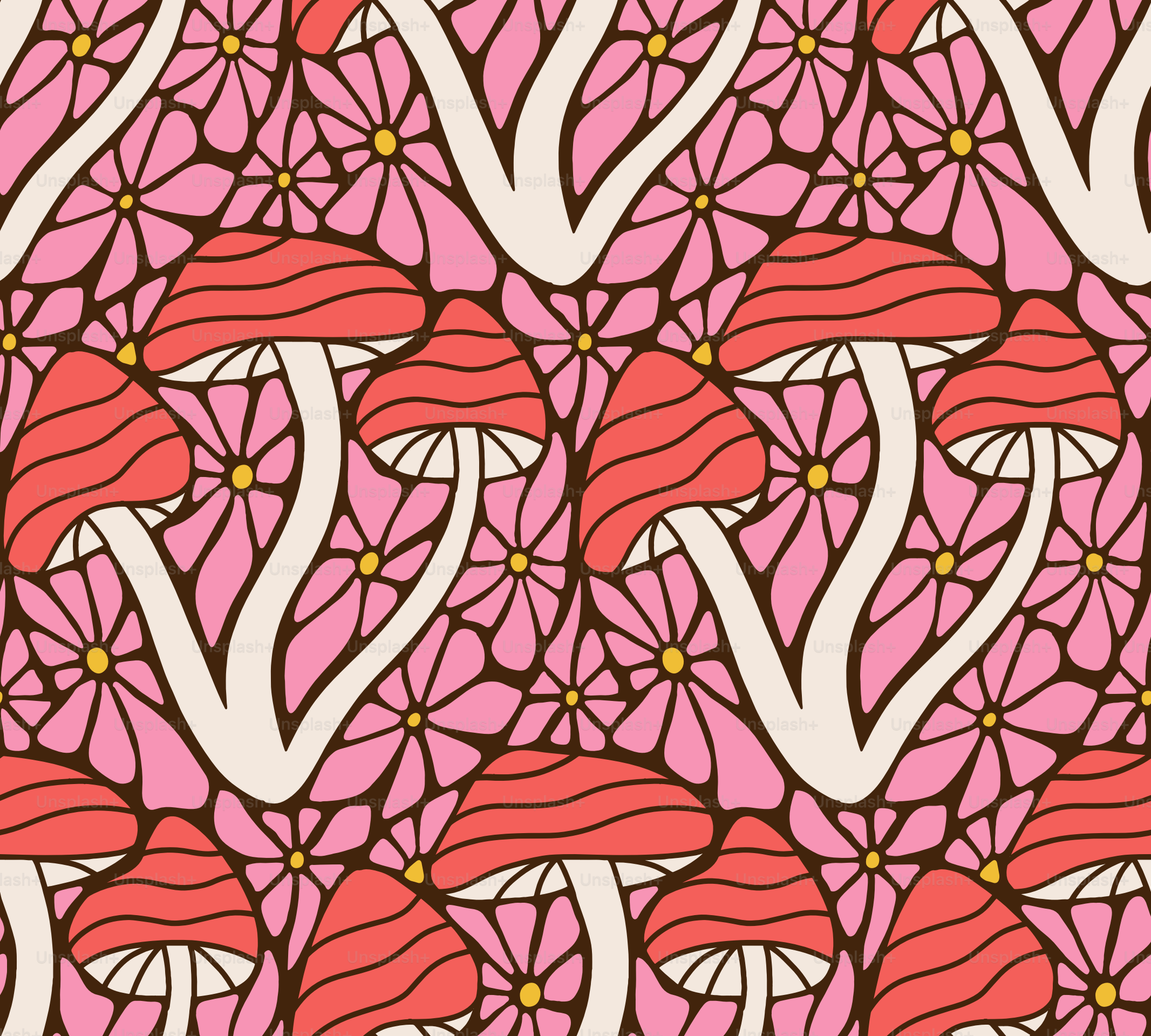 Motif hippie psychédélique Floral sans couture avec champignons. Mosaïque en vitrail des années 70 Motif simple de dessin animé pour tissu. Illustration dessinée à la main à plat vectoriel