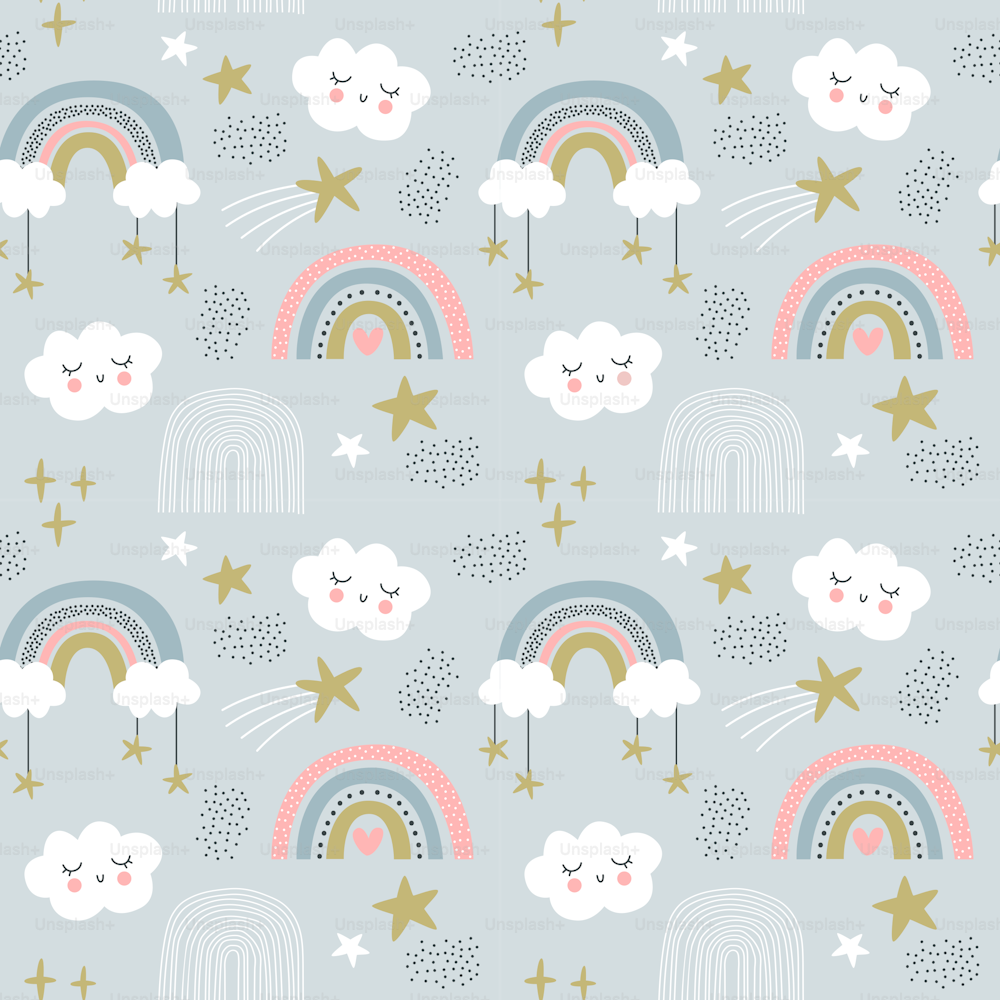 Cute rainbow sky seamless pattern illustration in childish style. Soft pastel color children background cartoon with adorable hand drawn sky decoration for nursery wallpaper, baby shower design.