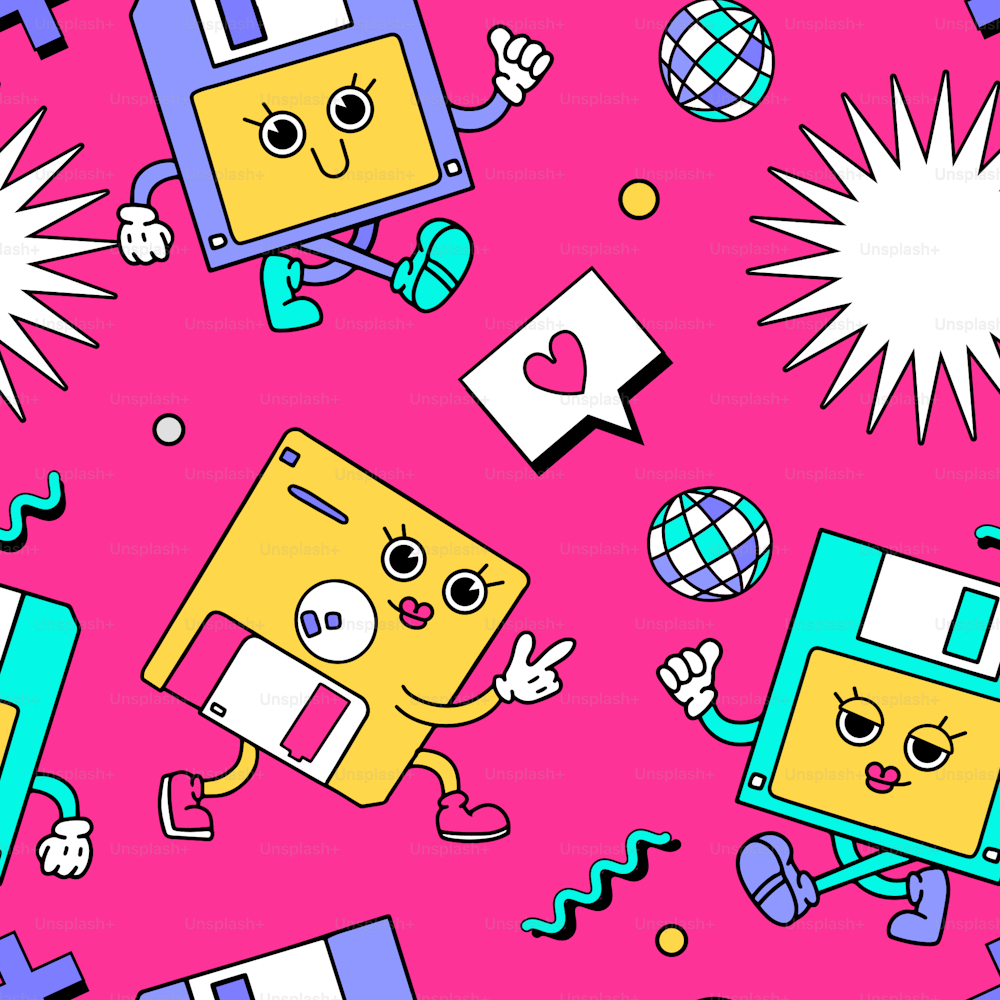90s style seamless pattern with retro cartoon floppy disk characters and vintage disco objects. Hand drawn doodles. 80s - 00s trendy style vector illustration