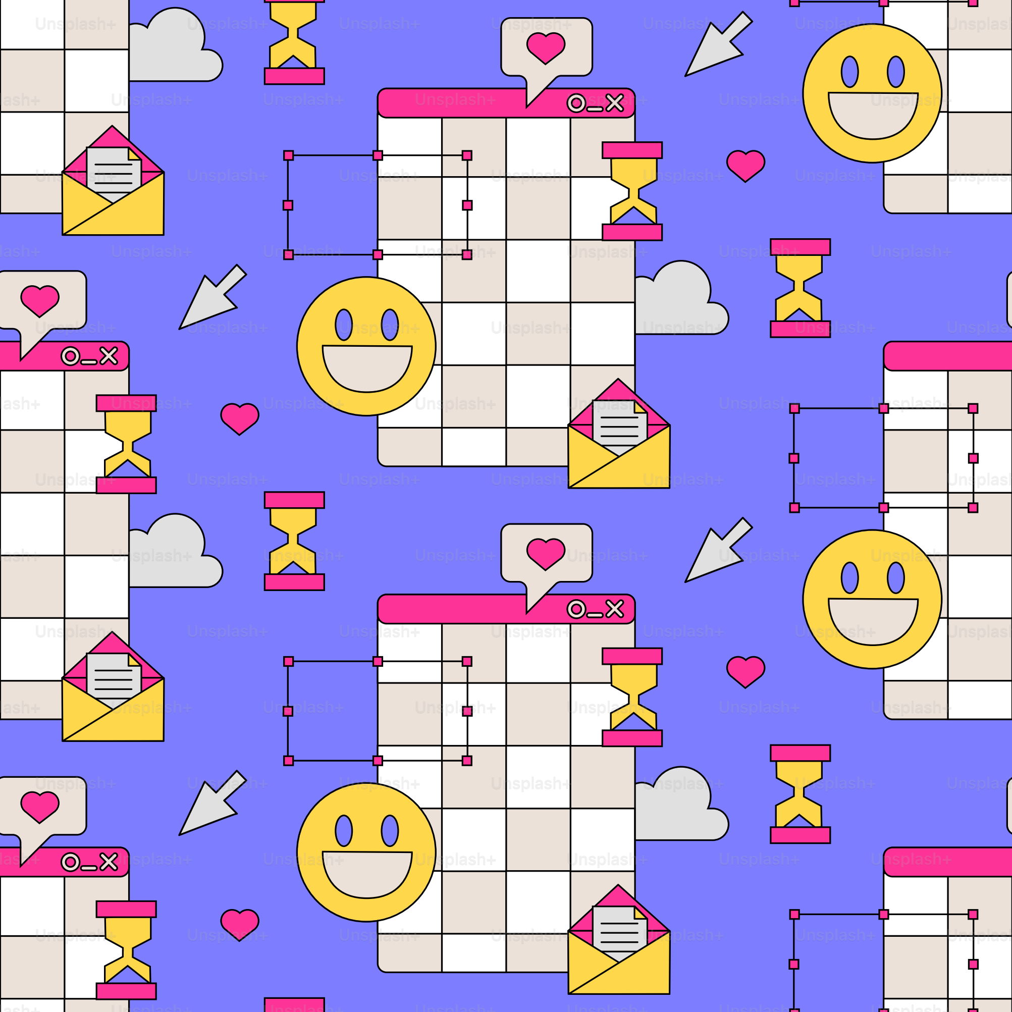 Pola mulus dengan jendela komputer lama, awan, emoji tersenyum, dan panah komputer. Latar belakang Vektor Trendi dalam gaya retrowave, y2k, 90-an, 00-an