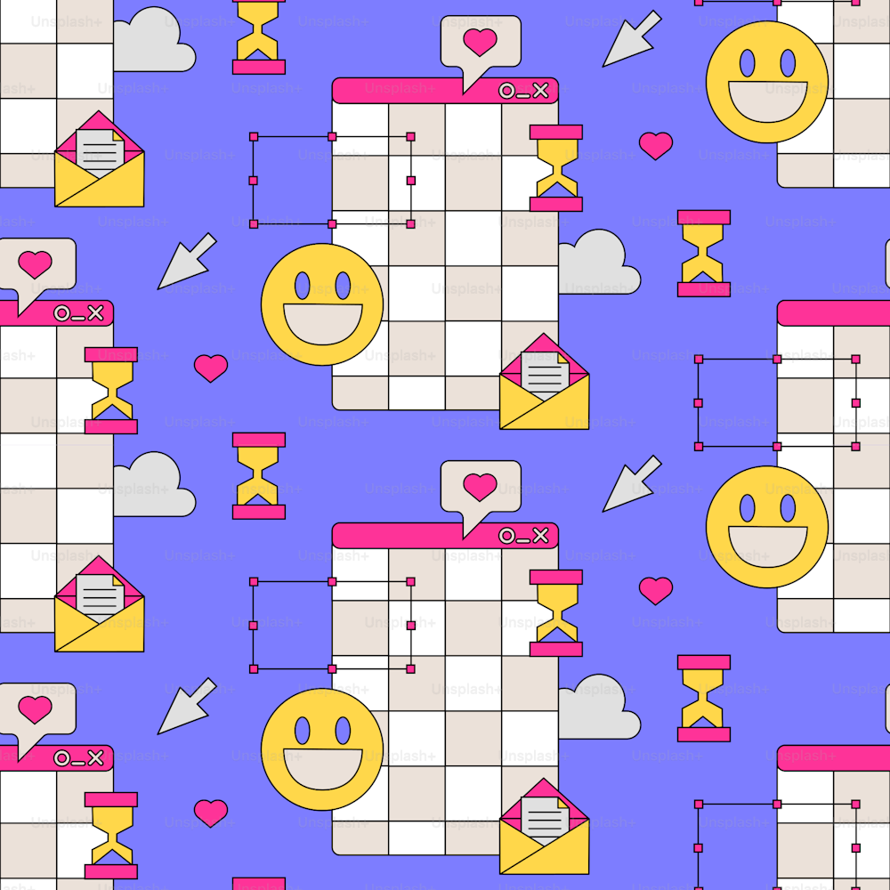 Seamless pattern with old computer windows, clouds, smiling emoji and computer arrow. Trendy Vector background in retrowave, y2k, 90s, 00s style