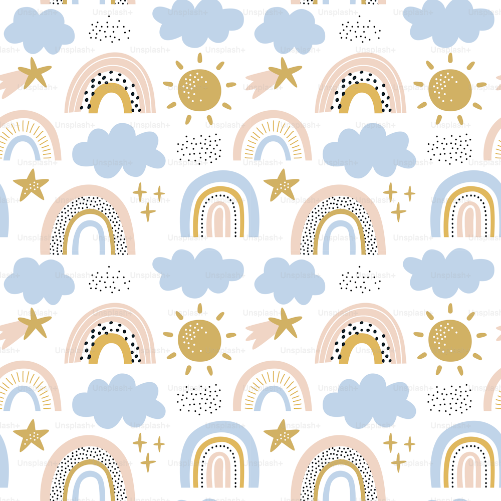 Cute rainbow seamless pattern illustration in childish style. Soft pastel color children background cartoon with adorable hand drawn sky decoration for nursery wallpaper, baby shower design.