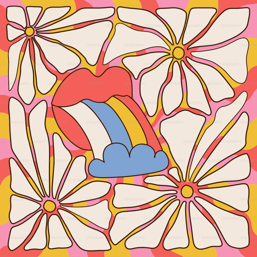 Retro groovy opened mouth with rainbow colored tongue sticking out ended by cloud. Hippy red open lips psychedelic poster with daisy flowers. Vintage positive hippie banner. Trendy y2k vector pop art.