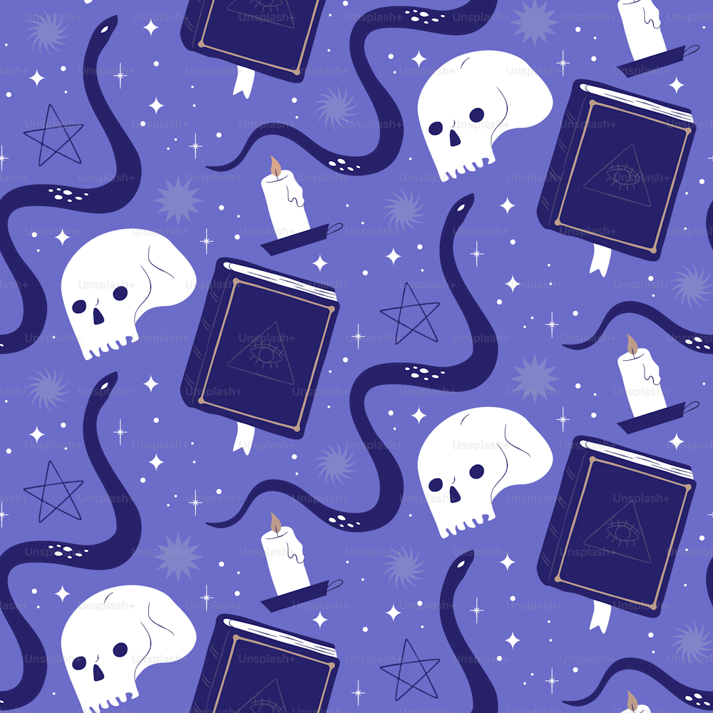 Creepy occult cartoon seamless pattern. Scary witchcraft background, halloween magic decoration in hand drawn style. Includes snake familiar, skull bone and witch spell book.