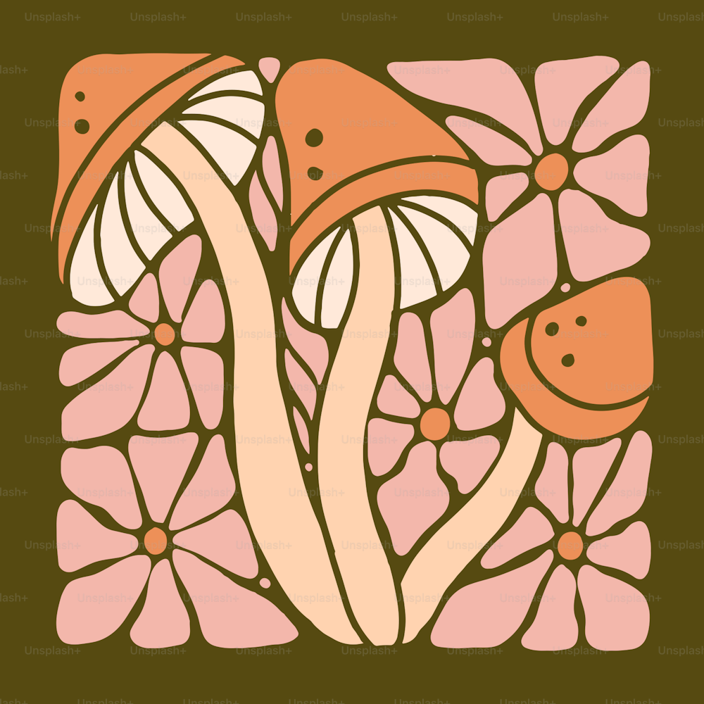 ヒッピースタイルの花とキノコの背景に抽象的な美性プリント – 70年代 グルーヴィーをテーマにした手描きの抽象的なグラフィックTシャツベクター画像プリント