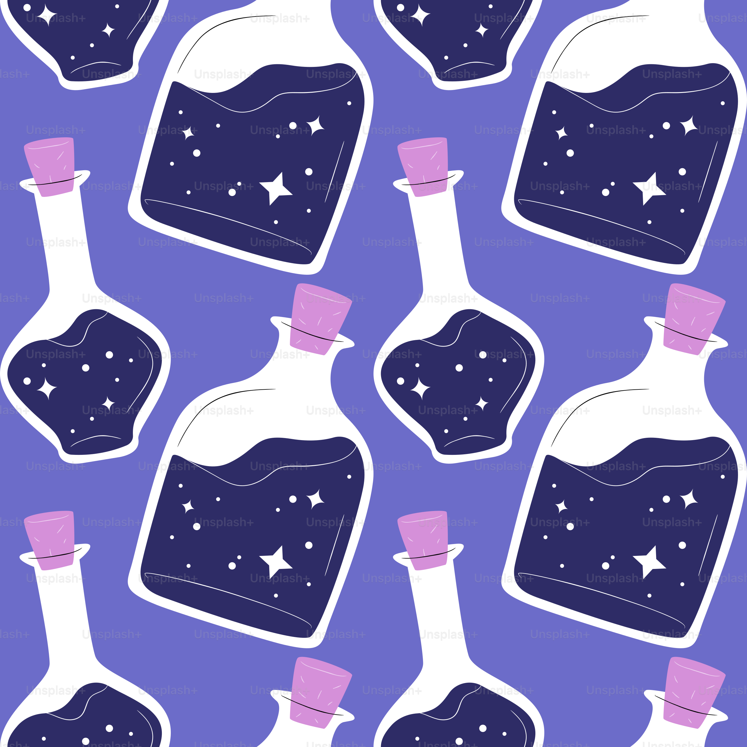 Witch potion bottle seamless pattern. Occult spell ingredient background, creepy halloween magic cartoon in hand drawn style for print, wrapping paper or fashion fabric.