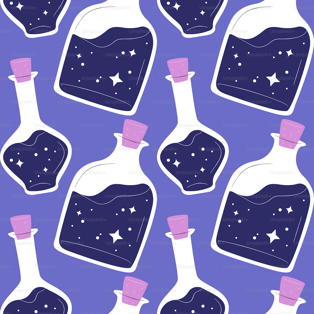 Witch potion bottle seamless pattern. Occult spell ingredient background, creepy halloween magic cartoon in hand drawn style for print, wrapping paper or fashion fabric.