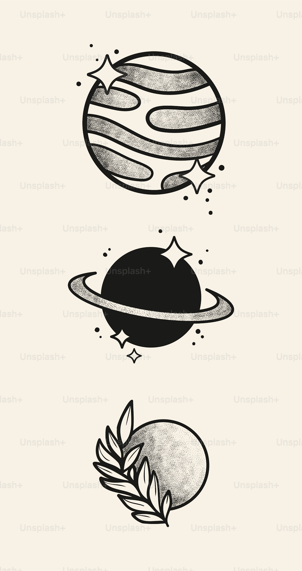 Set of three stylish illustrations. Black logos light background. Hand drawn ink dot pattern templates.