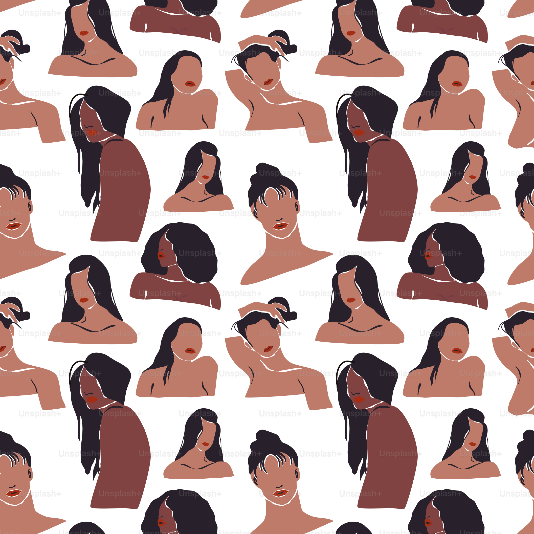 Diverse women face icon seamless pattern. Abstract art girl portrait background for feminist, beauty or fashion concept.