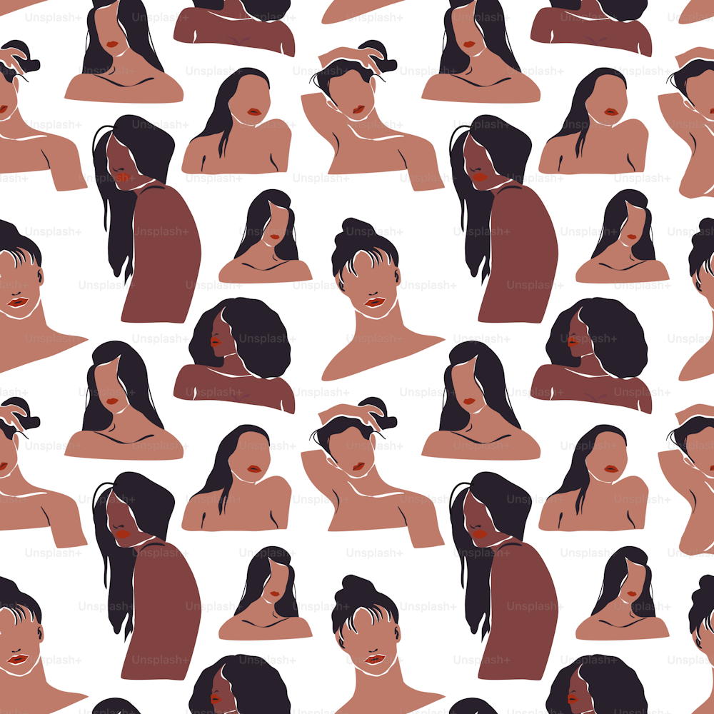 Diverse women face icon seamless pattern. Abstract art girl portrait background for feminist, beauty or fashion concept.