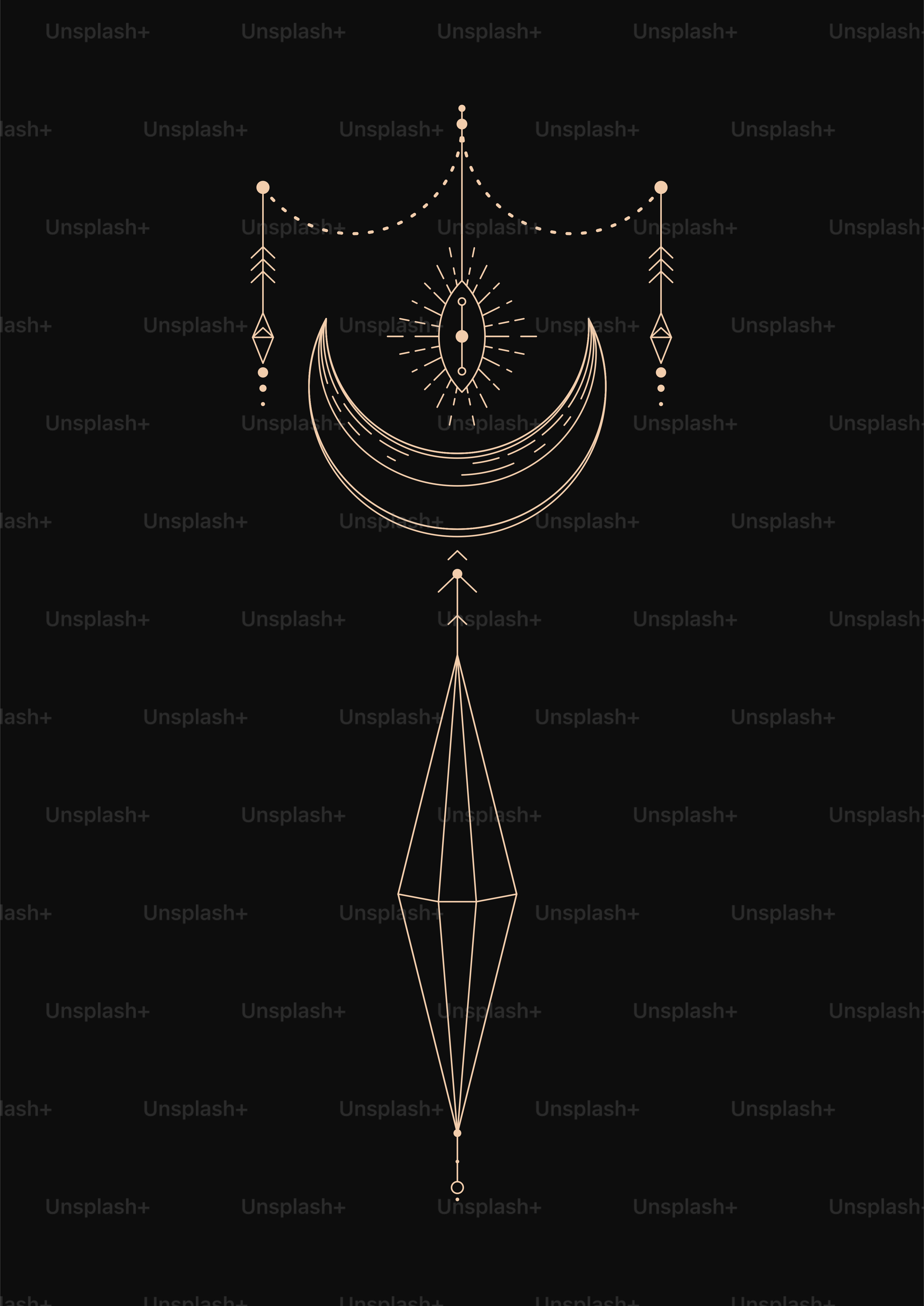 Astrologie und Esoterik. Poster im Mid-Century-Stil mit dünnen Linien, Sonne, Sternen, Streifen und Punkten.